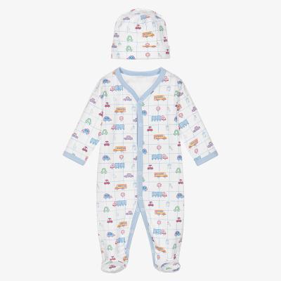 China Autumn Newborn Baby Romper with Hat 2pcs Set Long Sleeved Printed Cotton Infant Girl Boy One-piece Jumpsuit for sale