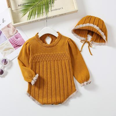 China Comfortable baby good quality soft knit sweater long sleeve baby girl bodysuit with hat plain jumpsuit baby romper for sale