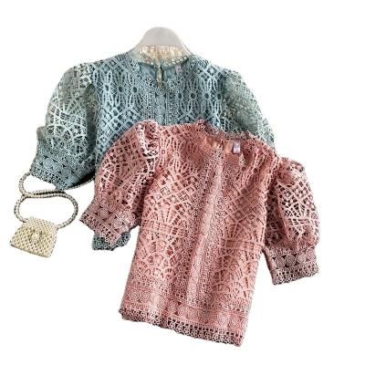 China JBeiL Breathable Puff Sleeve Blouses Hollow Out Crochet Floral Crop Tops Korean Summer Stylish Shirts Fashion Women New Casual Crop Top for sale