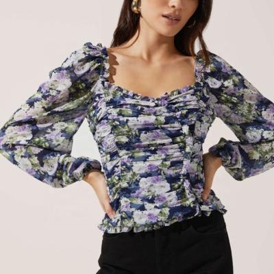 China JBeiL Manufacturer Floral Printed Pleated Blouse 2021 Custom Anti-Shrink Ladies Girls Blouse Tops Casual Tops Women for sale