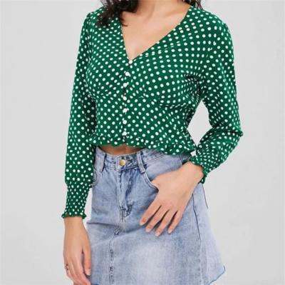 China JBeiL OEM JBeiL Anti-pilling Blouse Women's Top Polka Dot Blouses Green V-neck Elegant High Quality Custom Made Lady Long Sleeve for sale