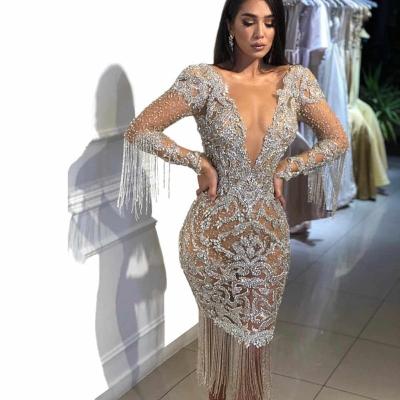 China JBeiL New Arrival 2022 Sparkly V-Neck Evening Dresses Long Sleeve Mermaid Party Dresses Women Anti-Static Sequin Sexy for sale