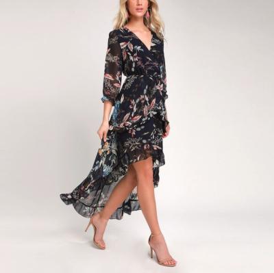 China JBeiL Navy Blue Floral Print High-low Fashion Summer Asymmetrical Dress New Girl Causal Women Anti-static Pattern for sale