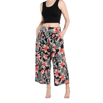 China JBeiL Fashion Breathable Women Beach Loose Summer Casual Wide Elastic Waist Floral Leg Pants With Pockets for sale