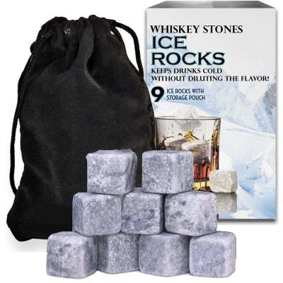 China Natural Whiskey Stones Reusable Ice Cubes Cooling Stones Whiskey Wine Rock Cooler Barware Tool 9 Ice Rocks With Storage Pocket N/M for sale