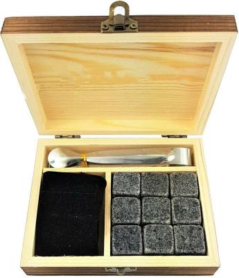 China Natural Whiskey Stones Reusable Ice Cube Cooling Stones Whiskey Rock Wooden Box Set Includes Carry Bag and Stainless Steel Tongs N/M for sale