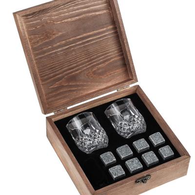 China Natural Whiskey Stones Reusable Ice Cubes Cooling Stones Whiskey Wine Rock Wooden Box Gift Set With 2 Crystal Whiskey Glasses N/M for sale