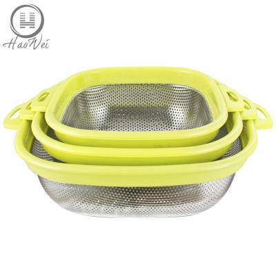 China Stainless Steel Sustainable Square Shape Dense Hole Basket With Plastic Frame Fruit Vegetable Wash Basket for sale