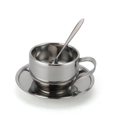 China Sustainable Custom Logo 180ML Double Wall With Handle And Spoon Food Grade 304 Stainless Steel Cup Saucers Coffee And Tea Sets for sale