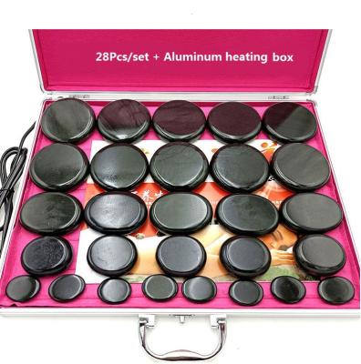 China Hot Stone Body Energy Massage Stone Set With Box 28pcs/set SPA Rock Basalt Stone Aluminum Heating Natural Massage for sale