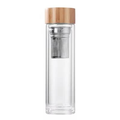 China Sustainable Makers Double Tea Transparent Moving Glass Mug With Lid Bamboo Water Bottle for sale