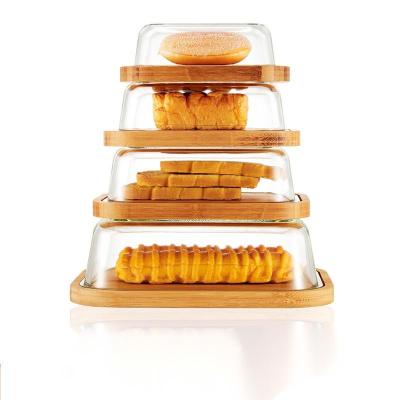 China Sustainable Cake Showcase Round Cake Plate Bamboo Rotating Cake Stand With Base Dome Cover And Bamboo Tray for sale