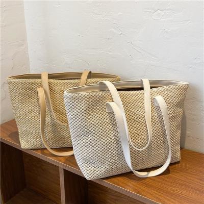 China Fashion Wholesale Women Canvas Summer Beach Simple Shopping Bag Large Women Design Handbags Ladies Straw Shoulder Bag Woven Simple for sale