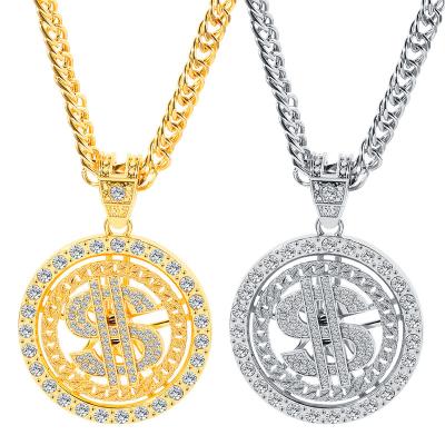 China Hiphop Trend Hip Hop Personality Necklace Gold Dollar Sign Gold Necklace Rotating Chain Men Diamond Pendant High Quality Gold Coin for sale