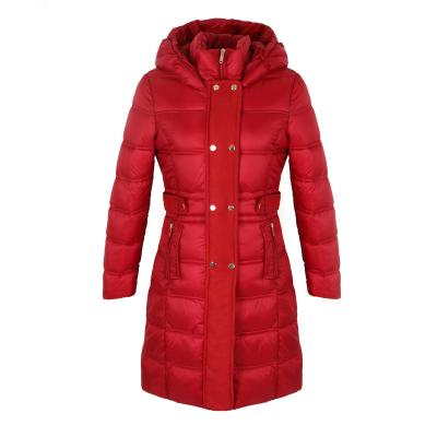 China Breathable Long Double Row Buttons Red Hooded Ladies Jacket Custom Bubble Coat For Women for sale