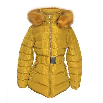 China Fashion Breathable Faux Fur Hooded Cotton Yellow Belt Button Jacket Winter Stripper Coat Kids for sale