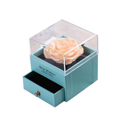 China Beautiful Colorful Acrylic Flower Gift Box Valentines Day Mother's Day Flower Gift Box Ring Necklace Jewelry Box Transparent Cover Drawer Rose for sale