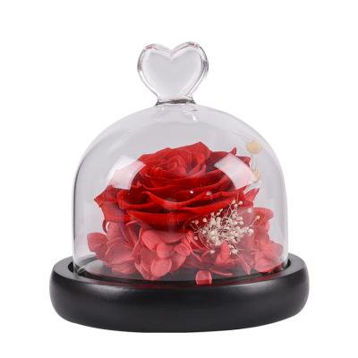 China Real Eternal Lasting Infinity Romantic Preserved Custom Color Rose Heart Shape Glass Handmade Preserved Roses Arrangement Flowers For Gift for sale