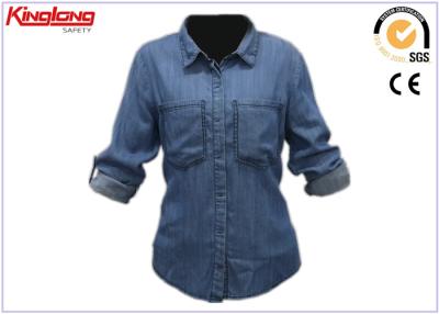 China Outdoor Indigo Denim Shirt Dark Blue , Long Sleeves Denim Shirt Fashion For Women for sale