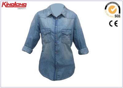 China Het modieuze het Werkkleren van het Vrouwendenim/Dames Sneldrogende Overhemd van de Denim Lange Koker Te koop