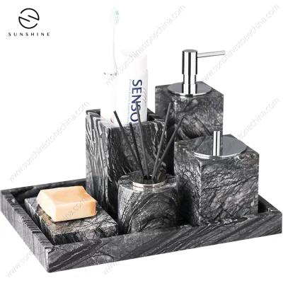 China Modern Genuine Luna Black Marble Stocked 6 Piece Bathroom Accessories Set Stone Soap Dispenser Set for sale