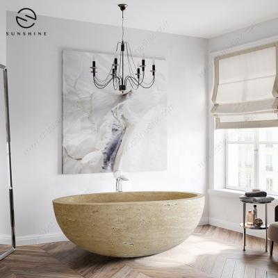 China 100%stone factory sale natural beige travertine stone freestanding bathtub for sale