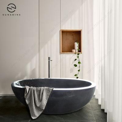 China Freestanding Black Solid Marble Stone Freestanding Soaking Tub for sale