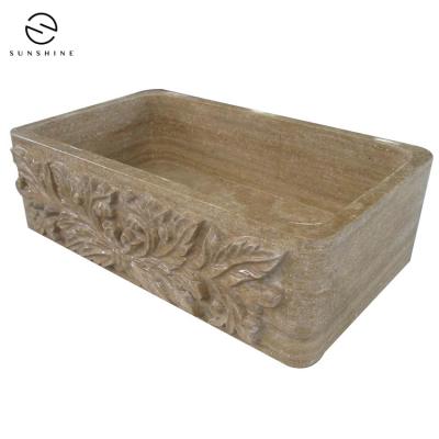 China Without Faucet Brown Travertine Single Bowl Farmhouse Kitchen Sinks (Grain Cut) for sale