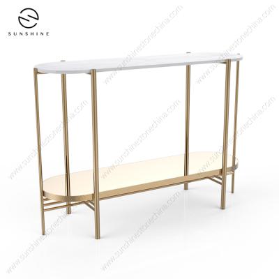 China 100% Luxury Natural Marble Stone Furniture Hallway Against Wall Marble Console Table With Gold Stainless Steel for sale