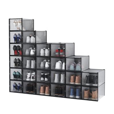 China Sustainable Organizer Boxes, Black Plastic Stackable 12 Pack Shoe Storage Bins Shoe Bins For Closet Stackable Shoe Box for sale