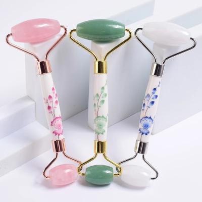 China Ceramic Facial Massager Rose Quartz Amethyst Facial Lifting Rod Natural Jade Roller Slimming Face Care Tool for sale