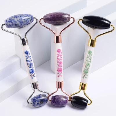 China Rose Quartz Amethyst Face Lifting Rod Natural Jade Roller Slimming Cellulite Reduction Care Tool Ceramic Facial Massager for sale