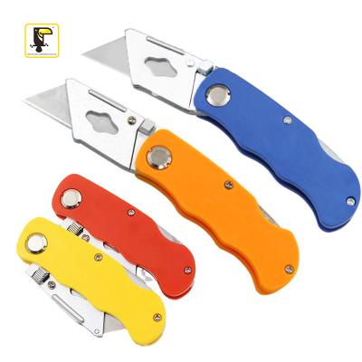 China Custom Open Yellow Logo Colorful Carpet Cutting Knife Custom Pocket Slide Knife Automatic Utility Folding Knife for sale