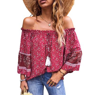 China Anti-pilling 2022 new design spring spring slash neck long sleeve blouse independent folk female chiffon shirt ladies loose tops for sale