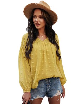 China Long Sleeve Girls Dot Quick Dry Shirt Anti-pilling Casual Blouse Women Female Chiffon Shirt Female V-Neck Shirt 2022 Summer Ladies for sale