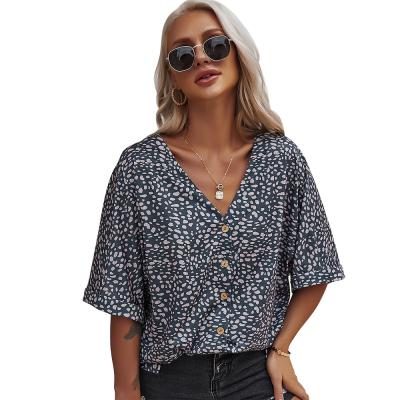 China Wholesale Loose Natural V-Neck Women's Leopard Anti-Pilling Sleeve Girls Chiffon Shirt Ladies Short Shirt Ladies Top for sale