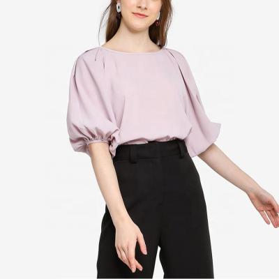 China OEM Latest Fashion Casual Loose Round Neck Anti-Shrink Pullover Solid Tone Blouse With Pleated Top Sleeves Ladies for sale