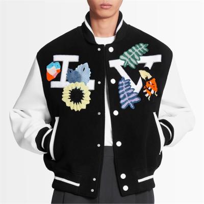 China OEM Viable Custom Made Chenille Embroidery Two Tone Colors Sleeve Baseball Letterman Varsity Chain Leather Jacket For Men for sale