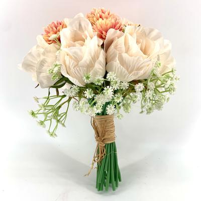 China 50% Wholesale 33cm Artificial Flower 13inches 33cm Silk Rose Dahlia Bush Bouquet Home Wedding Silk Floral Decor for sale