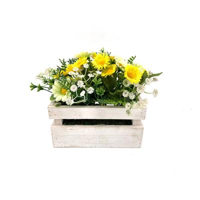 China wholesale hot sale wood 25cm 9.75inches Daisy Flower Floral Arrangement 50% silk artificial in wooden pot home decor for sale