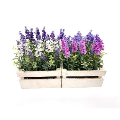 China 50% Wholesale 22cm Hot Sale Lavender 8.52inches Silk Artificial Flower Wood Arrangement In Wood Pot Home Decor for sale