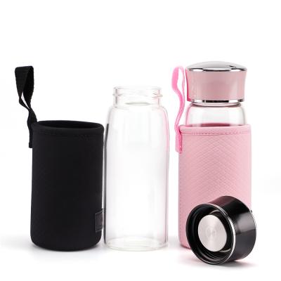 China OKADI Stocked 12 Ounce Silicone Sleeve And Leakproof Lid Printed Pink Wide Mouth Glass Water Bottle for sale