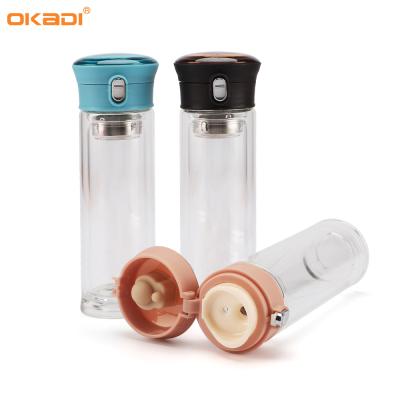 China Custom Sustainable OKADI Logo Borosilicate Double Wall Glass Water Bottle With Tea Filter for sale