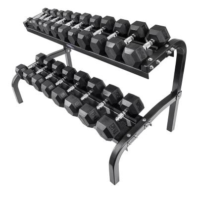 China Rubber Covered Black Pounds Dumbbell Gym Equipment KG Set Rubber Hex Dumbbell With Rack for sale