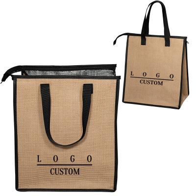 China Waterproof 2022 Custom Logo Promotional Grocery Tote Food Thermal Jute Cooler Bag for sale