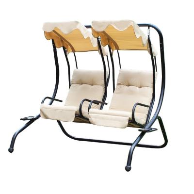 China Double Beach Chair Swing Chairs with Frame/Canopy/Cupholder, Tan for sale