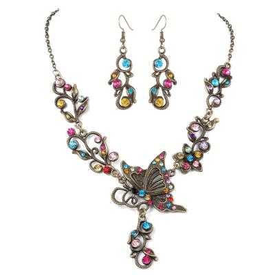 China Retro Vintage Boho Rhinestone Butterfly Charm Dangle Necklace Earring Women Wedding Jewelry Set AP403 for sale