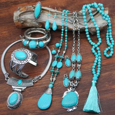 China Turquoise Retro Vintage European and American Jewelry Ethnic Style Necklace Earrings Ring Bracelet Combination Set AP408 for sale