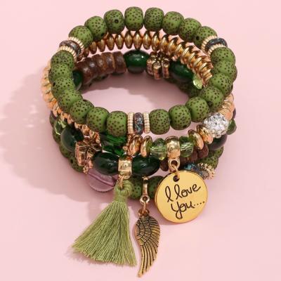 China New Vintage Multi Layer Bead Tassel Wing Layered Turquoise Bracelets Natural Stones Colorful Set AP236 for sale