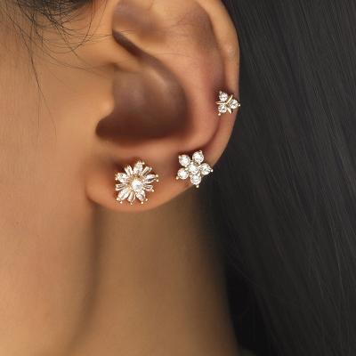 China New Simple Vintage Small Star Diamond Ear Clip Leaves Flower Sun Flower Geometric Pearl Zircon Ear Stud Earrings Set AP009 for sale